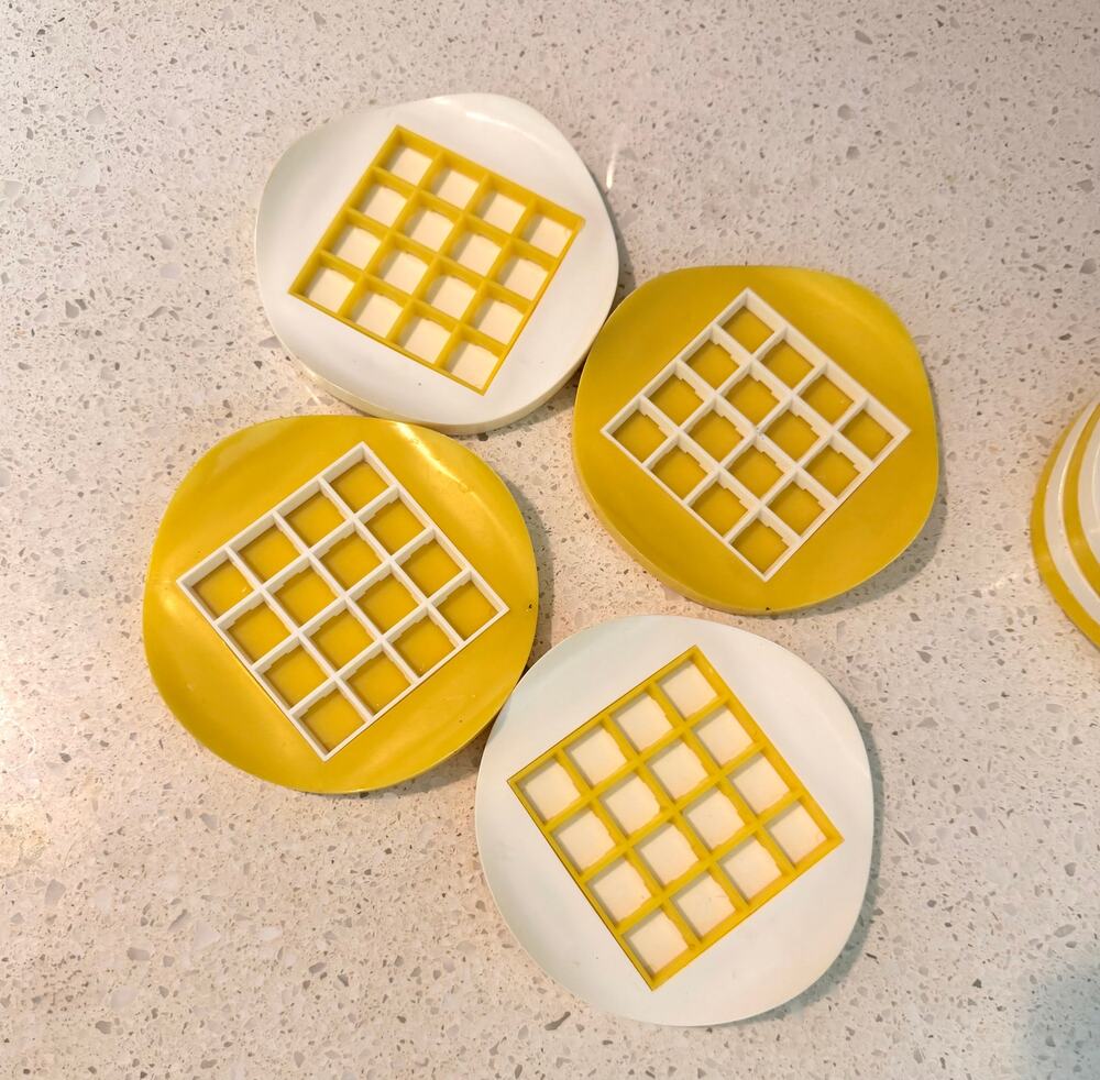 Set of 8 Vintage 1960s MCM Waffle Coasters Yellow White Plastic Retro Bar Cart